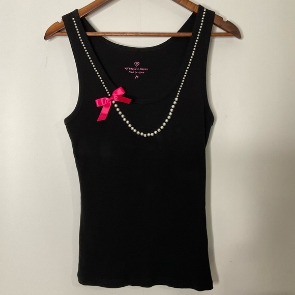 Victoria’s Secret PJ Set; Black Ribbed Tank Faux Pearls/Bow; Pink Circle Pants M - Picture 16 of 16